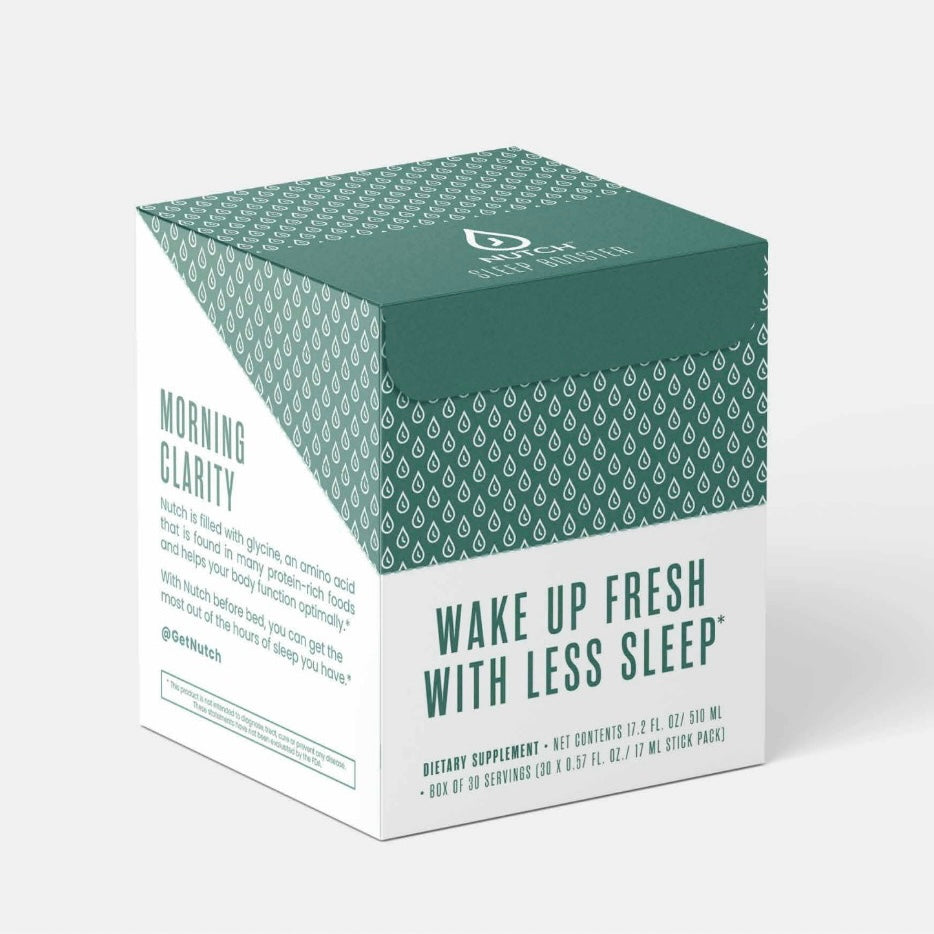 Elegant box for a monthly supply of Nutch, the sleep booster to wake up fresh with less sleep, clear-headed and energized