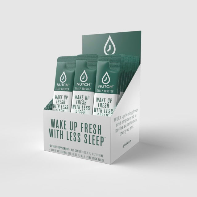 Open Nutch Box - Combat morning fatigue and tiredness. The box is displaying stick packs inside, noting that it is a sleep booster for people with too little sleep—such as new parents, executives, entrepreneurs and gamers
